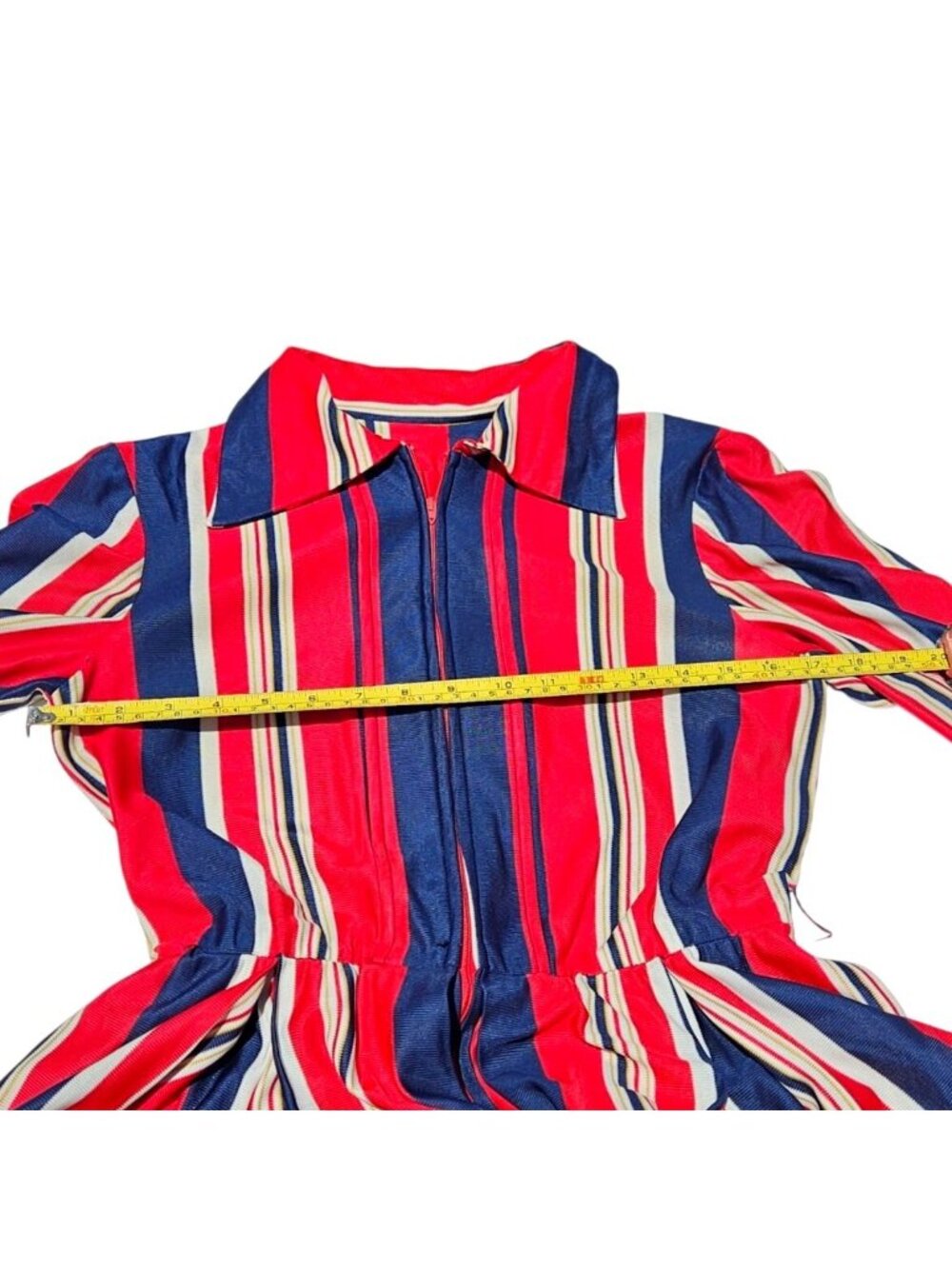 Vintage 70s California Stripe Nylon Knit Dress Red White Blue Zip Front Womens M - Picture 10 of 14